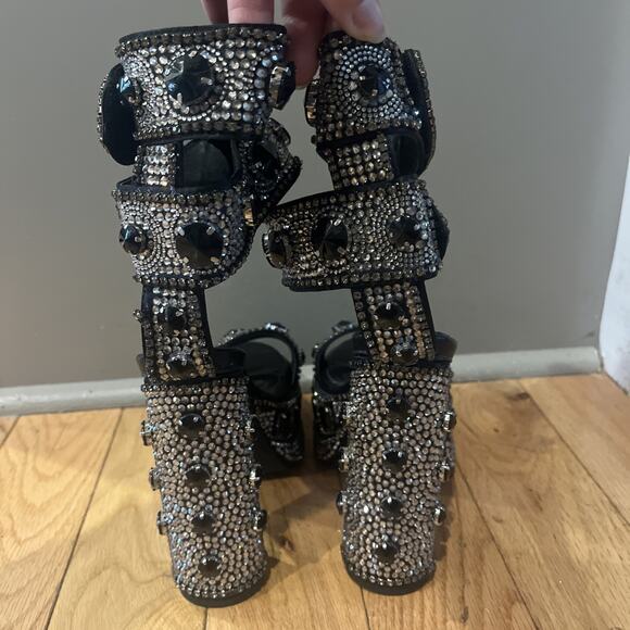 Azalea Wang Silver Bayou Black Embellished Platform Ankle Strap Sandals Size 6 - Picture 4 of 8